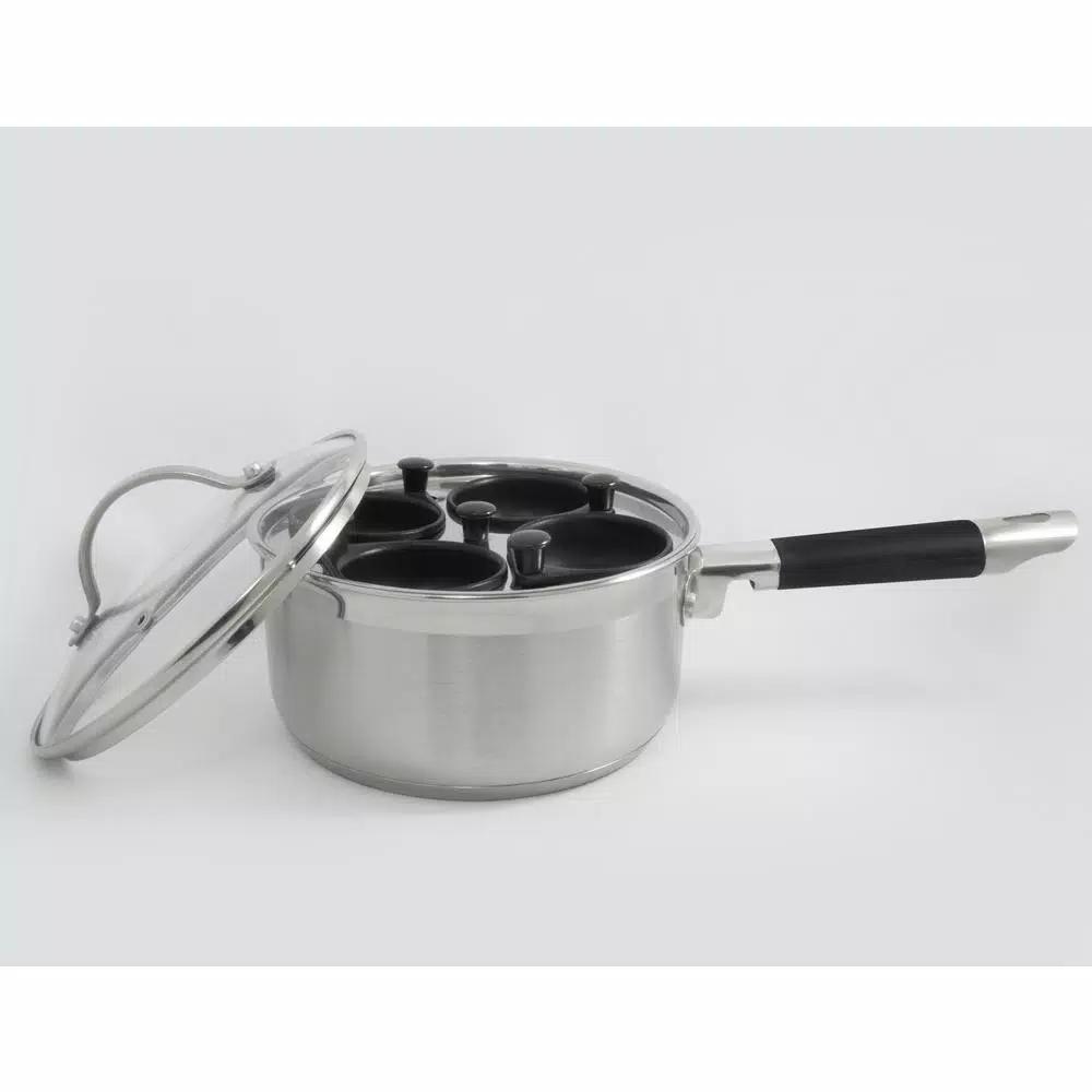 ExcelSteel Professional 4-Cup Stainless Steel Egg Poacher Set with Non-Stick Cups and Silicone Spatula