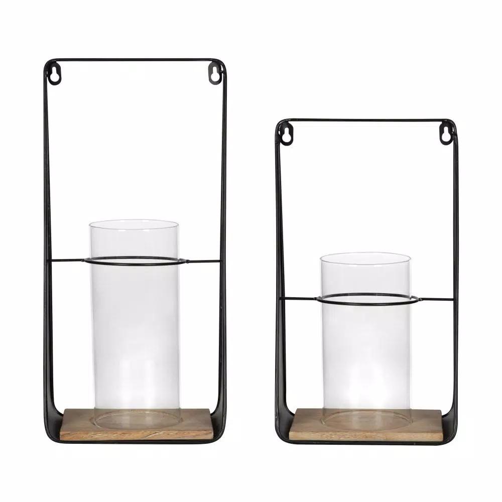 Kate and Laurel Blackwell Natural Wood and Black Metal Candle Sconce Set of 2