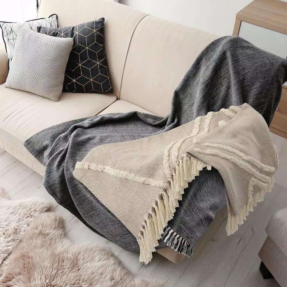 LR Home Fringe Tufted Geometric Cotton Throw Blanket - Beige/Cream