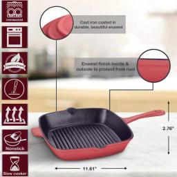 AMERCOOK LA PLURIEL 10 in. Enameled Cast Iron Nonstick Grill Pan, Red thumbnail 2