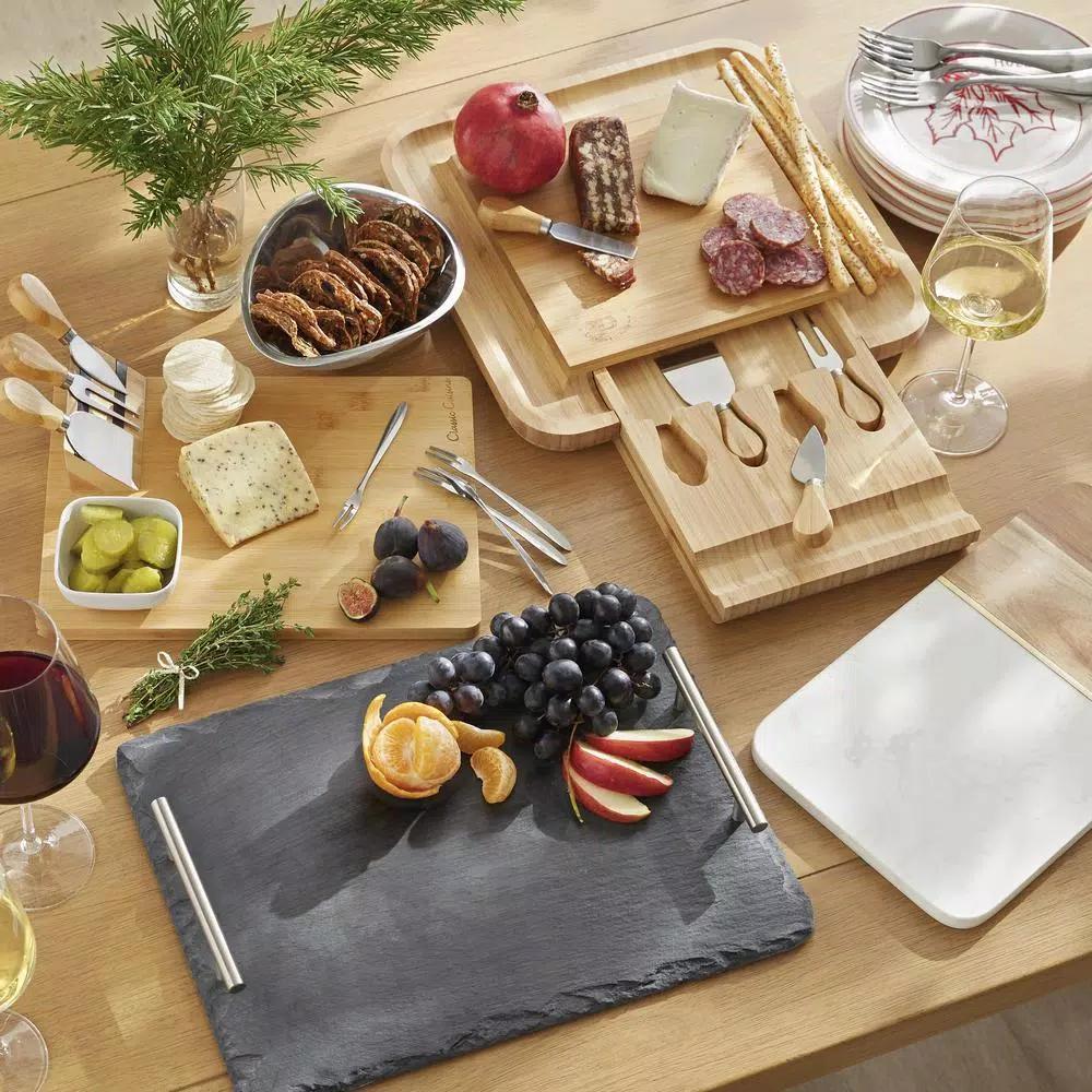 Bambusi Bambsi 100% Natural Bamboo Cheese Board & Cutlery Set with Slide-Out Drawer