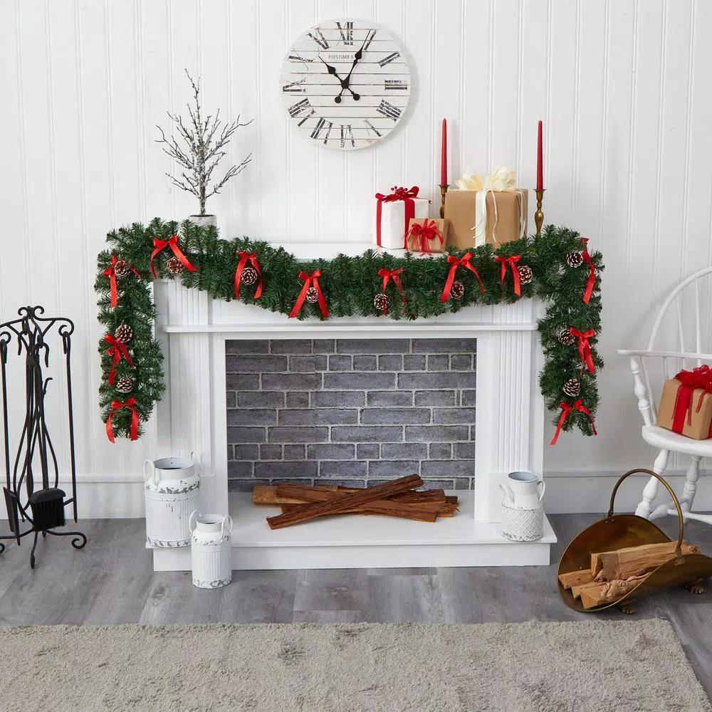 Nearly Natural 9 ft. Pre-lit Artificial Christmas Garland with Bows, Pinecones & 35 LED Lights