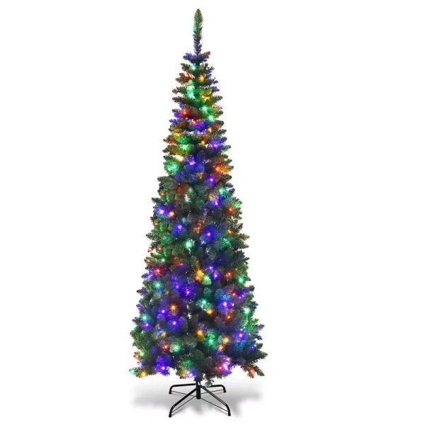 Costway 7.5 ft. Pre-Lit Slim Pencil Artificial Christmas Tree with 350 Multi-Color LED Lights