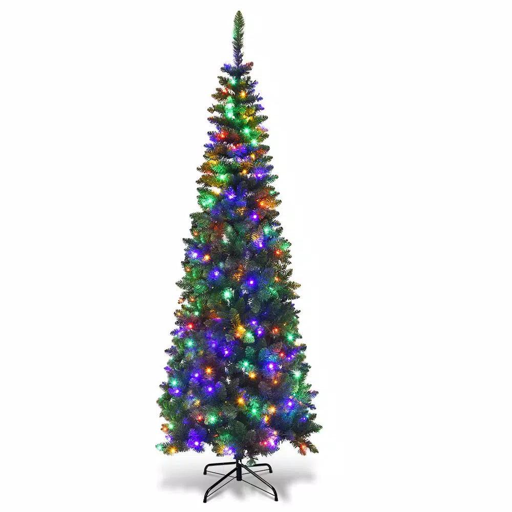Costway 7.5 ft. Pre-Lit Slim Pencil Artificial Christmas Tree with 350 Multi-Color LED Lights