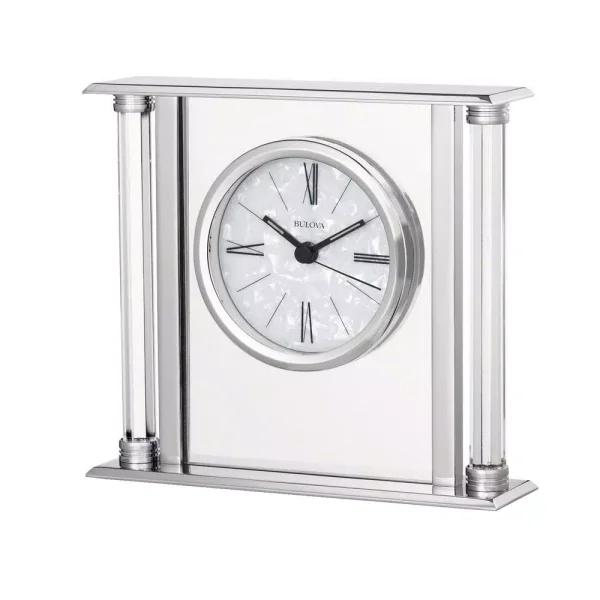 Bulova Pearl Table Clock - Mirrored Polished Silver Metal Case with Faux Mother of Pearl Dial