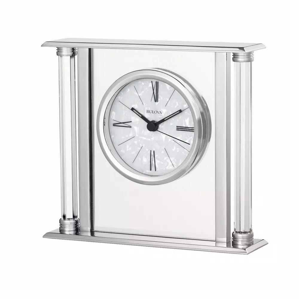 Bulova Pearl Table Clock - Mirrored Polished Silver Metal Case with Faux Mother of Pearl Dial