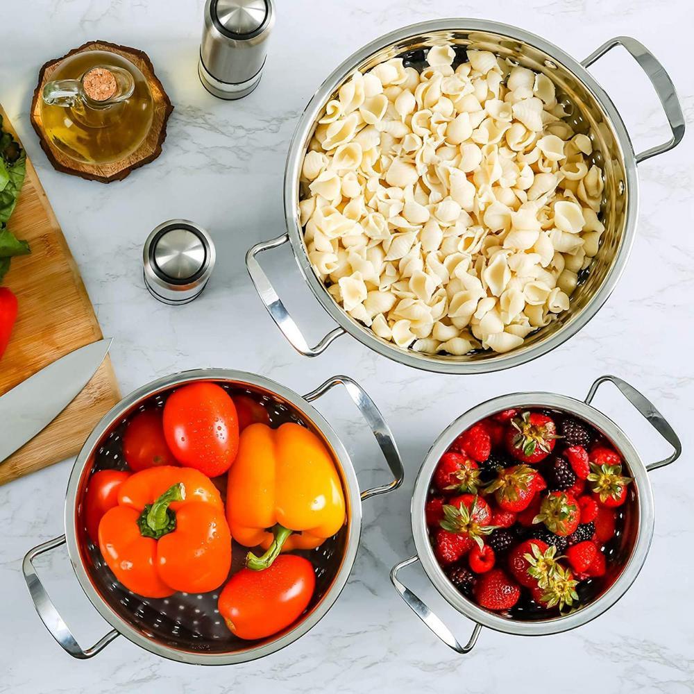 Ovente 3-Piece Stainless Steel Colander Set - 1.5qt, 3qt, 5qt - Dishwasher Safe
