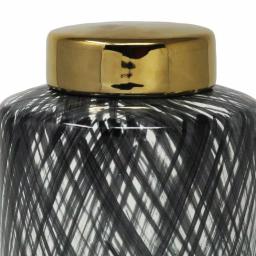 Benjara Large Black and White Ceramic Ginger Jar with Criss Cross Pattern and Gold Lid thumbnail 2
