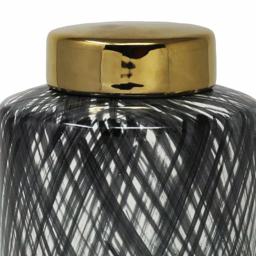 Benjara Large Black and White Ceramic Ginger Jar with Criss Cross Pattern and Gold Lid