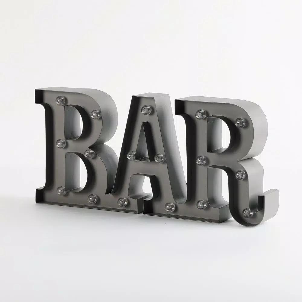 Winsome House Bar Marquee Lighted Sign with 17 LED Globe Bulbs - Gray Metal Wall Decor