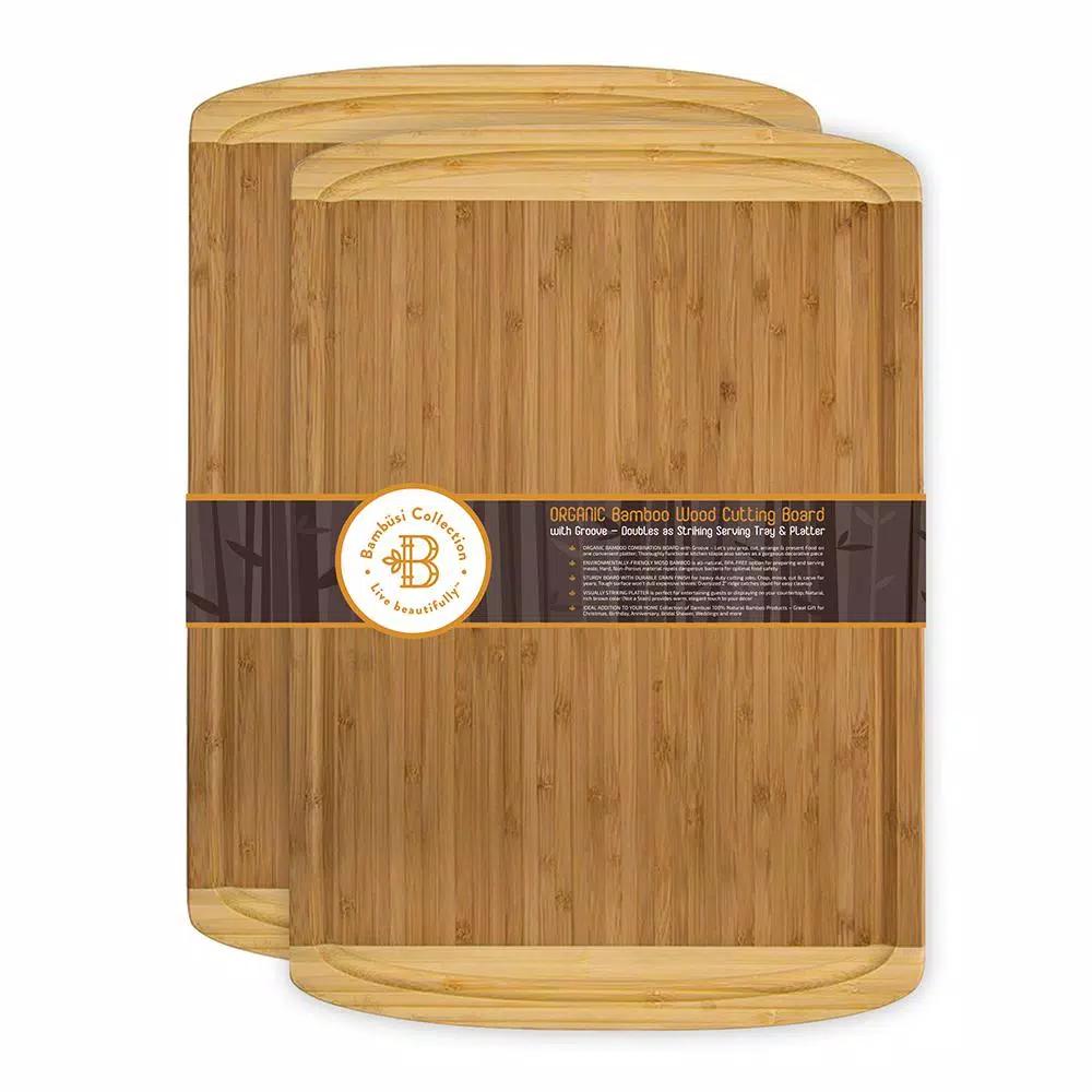 Bambusi Large Bamboo Cutting Board Set of 2 with Juice Groove, Rectangle Wood Chopping Boards for Meat and Veggies