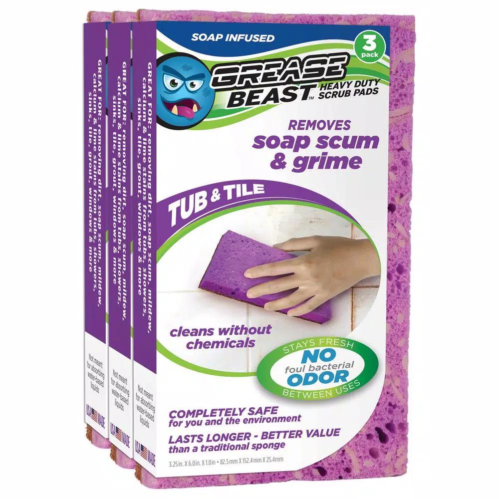 Grease Beast Soap-Infused XL Heavy-Duty Tub and Tile Scrub Sponge (3-Pack) - Odor and Bacteria Resistant