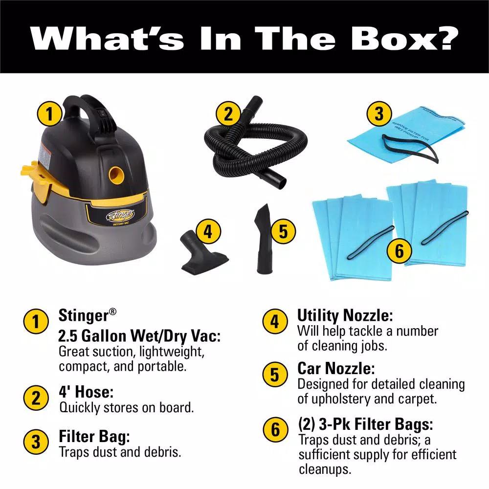 Stinger 2.5 Gal. 1.75 Peak HP Compact Wet/Dry Shop Vacuum with Hose and 6 Filter Bags