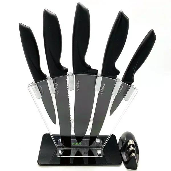NutriChef 7-Piece German Stainless Steel Precision Kitchen Knife Set with Block Stand