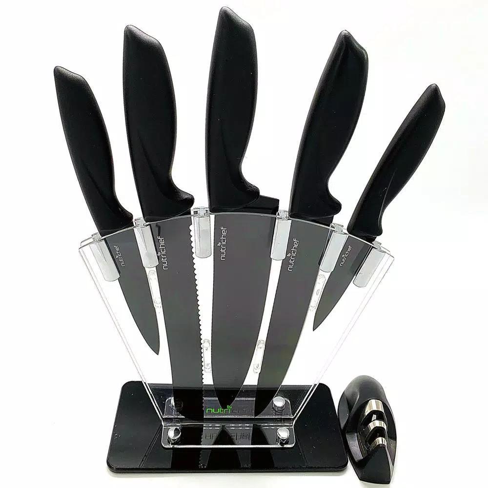 NutriChef 7-Piece German Stainless Steel Precision Kitchen Knife Set with Block Stand