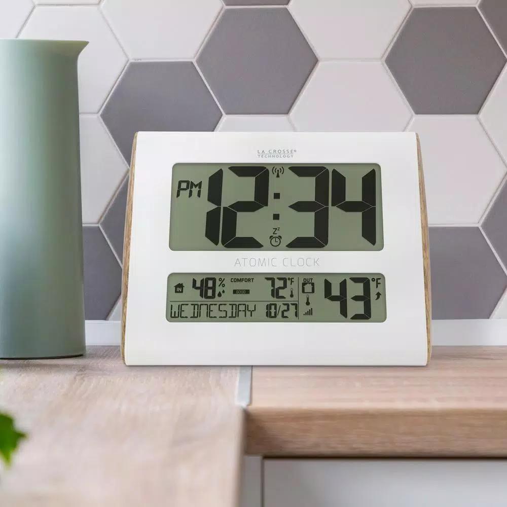 La Crosse Technology Digital Atomic Faux Wood Sided Wall Clock with Indoor/Outdoor Temperature and Humidity