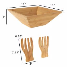 Classic Cuisine 11 in. Square Bamboo Salad Bowl Set with Two Utensils thumbnail 2