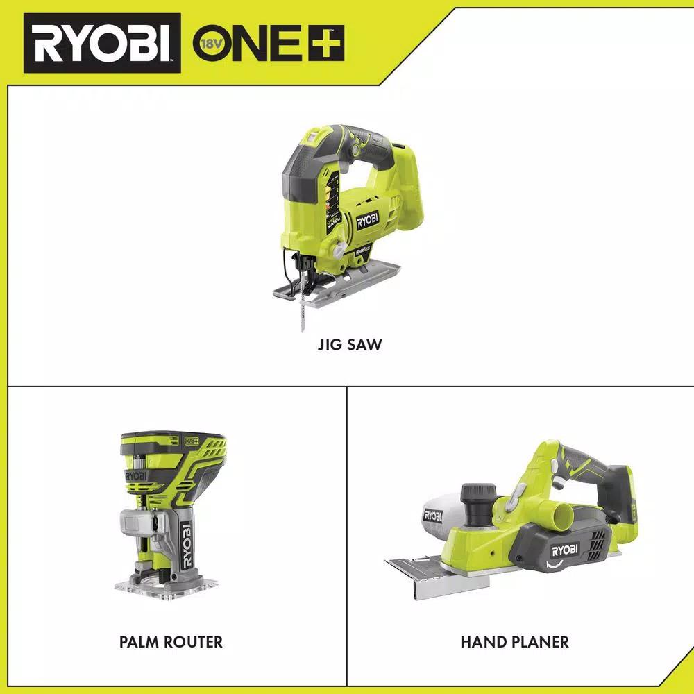 RYOBI 18V ONE+ Cordless Jig Saw, Trim Router, and 3-1/4 in. Planer Tool Kit (Tools Only)