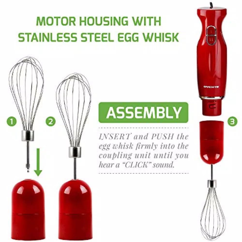 Ovente HS565 300W Immersion Blender Set with Chopper, Whisk, and 24 oz. Beaker - Red