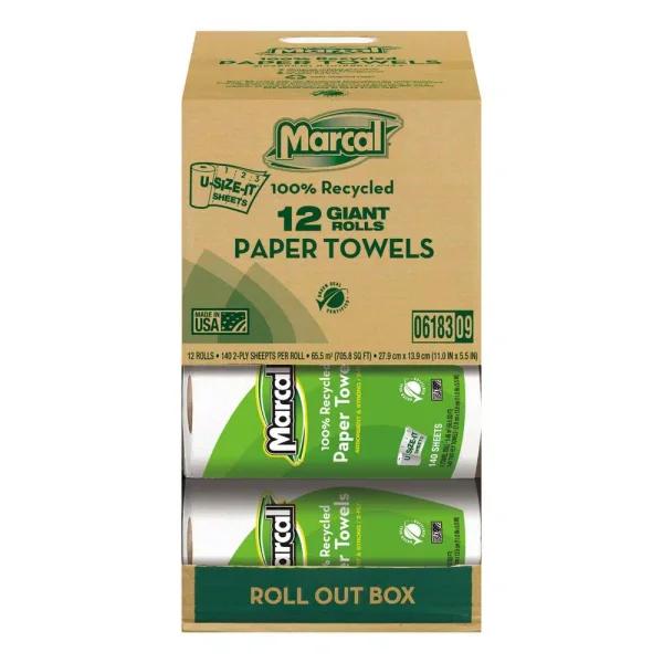 Marcal 100% Recycled 2-Ply Roll Towels, 5.5 x 11 in, 140 Sheets per Roll, 12 Rolls per Carton