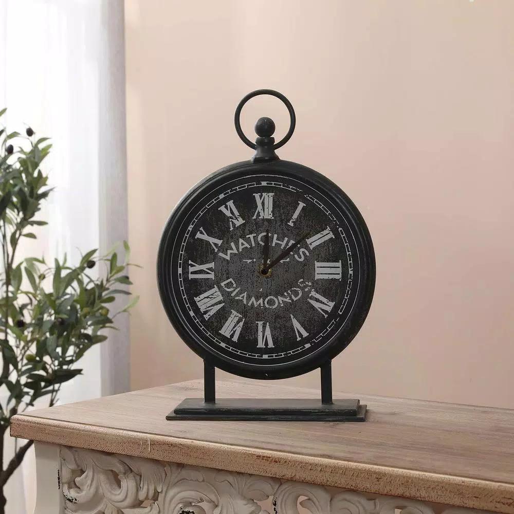 Winsome House Black Metal Vintage Table Top Clock with Roman Numerals