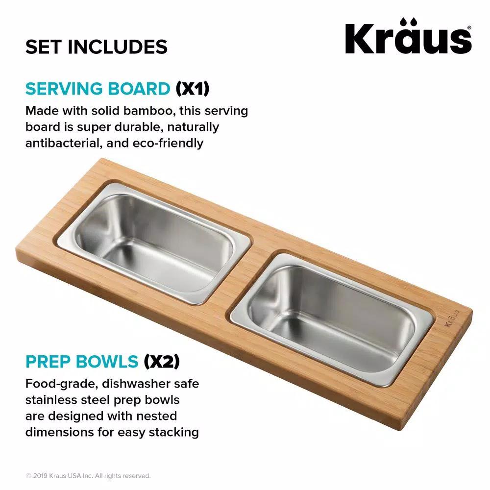 Kraus Workstation Kitchen Sink Bamboo Serving Board Set with 2 Stainless Steel Prep Bowls