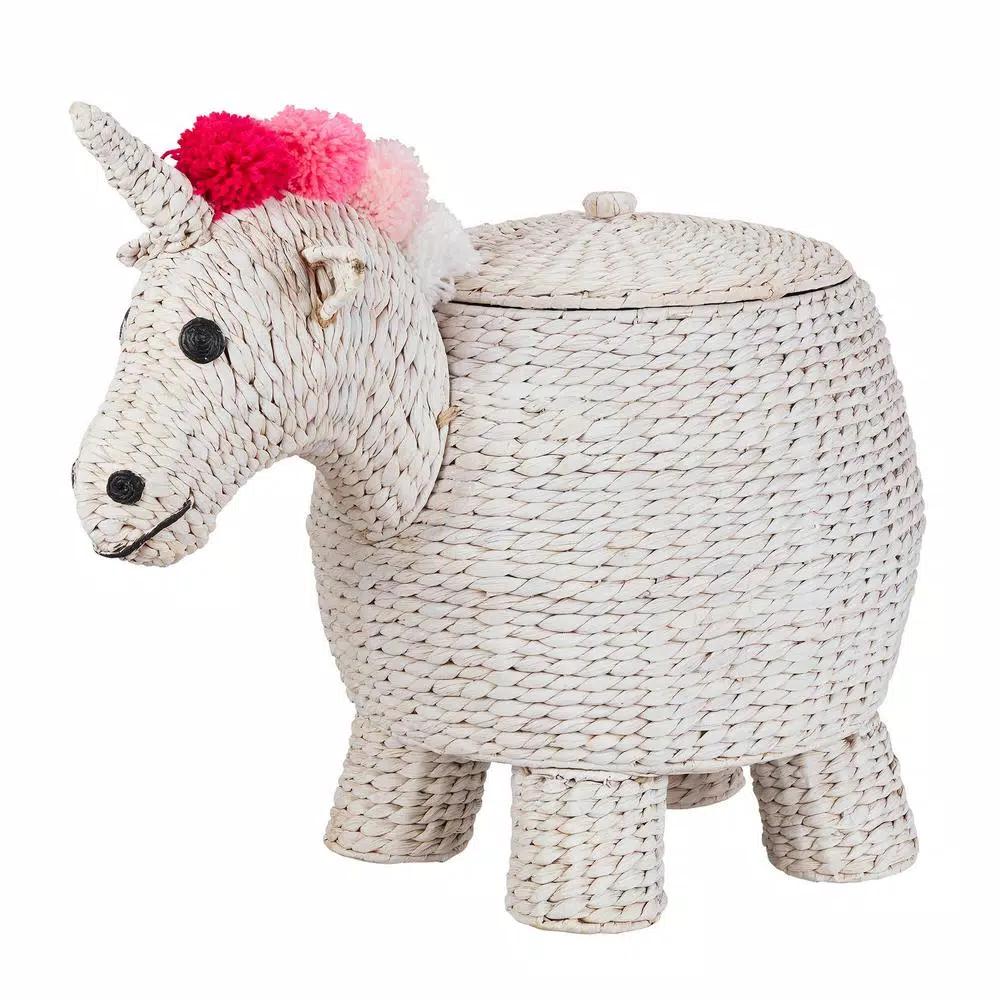 StyleWell White Unicorn Water Hyacinth Woven Decorative Basket with Lid