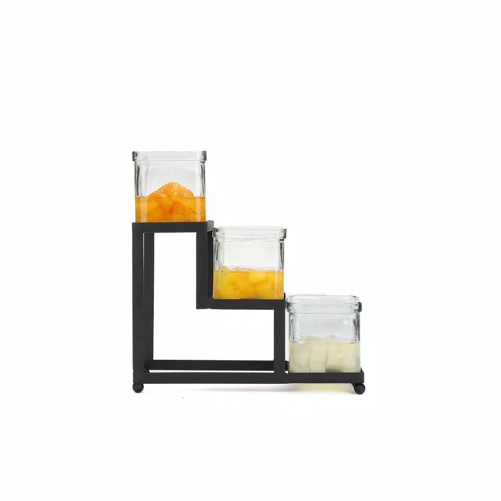 Mind Reader 3-Tier Black Metal Condiment Server with 3 Removable 8 oz. Glass Jars