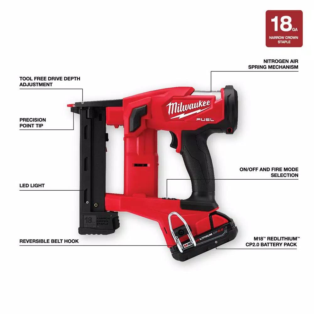 Milwaukee M18 FUEL 18-Gauge 1/4 in. Narrow Crown Cordless Stapler Kit with 2.0 Ah Battery and Charger