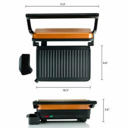 Ovente 1000W Copper Electric Panini Press Grill, 2-Slice Sandwich Maker with Drip Tray thumbnail 6
