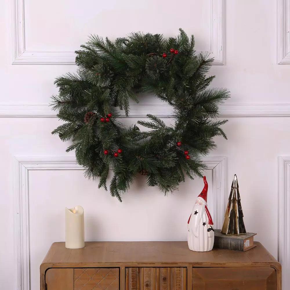 Winsome House 24 in. Artificial Pine and Cedar Wreath with Red Berries and Pinecones