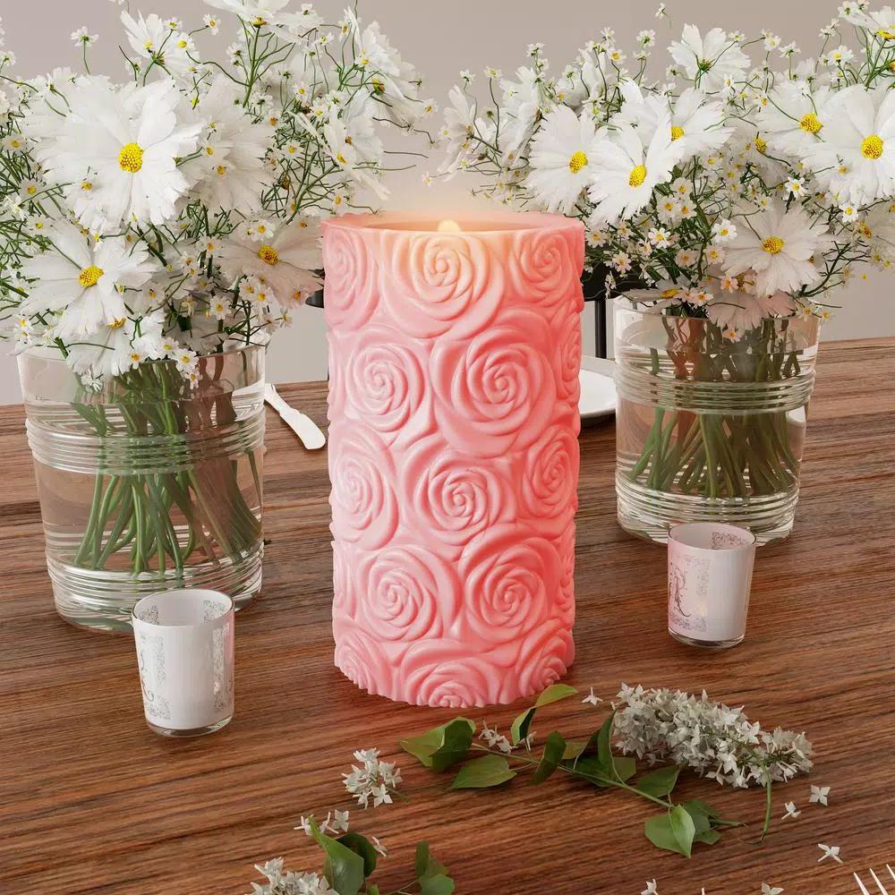 Lavish Home Rose Embossed LED Flameless Candle with Remote Control, Pink Real Wax