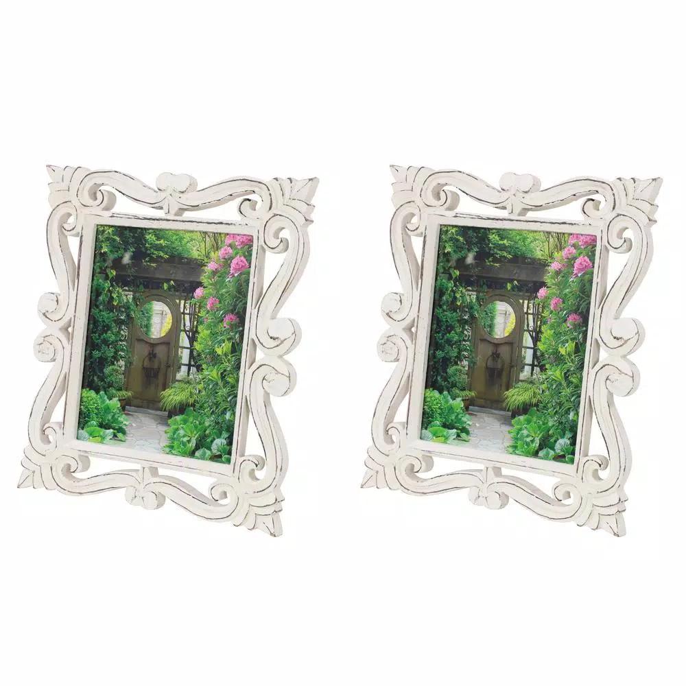LITTON LANE 8x10 Hand-Carved Mango Wood Picture Frame - Antique Whitewash Rectangular Tabletop Frame