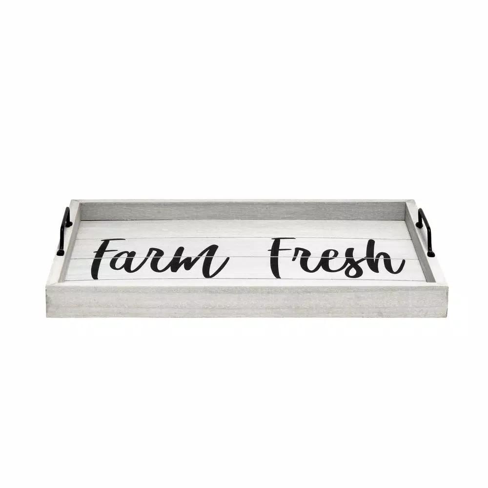 Elegant Designs Farm Fresh Gray Wash Decorative Wood Serving Tray with Black Metal Handles