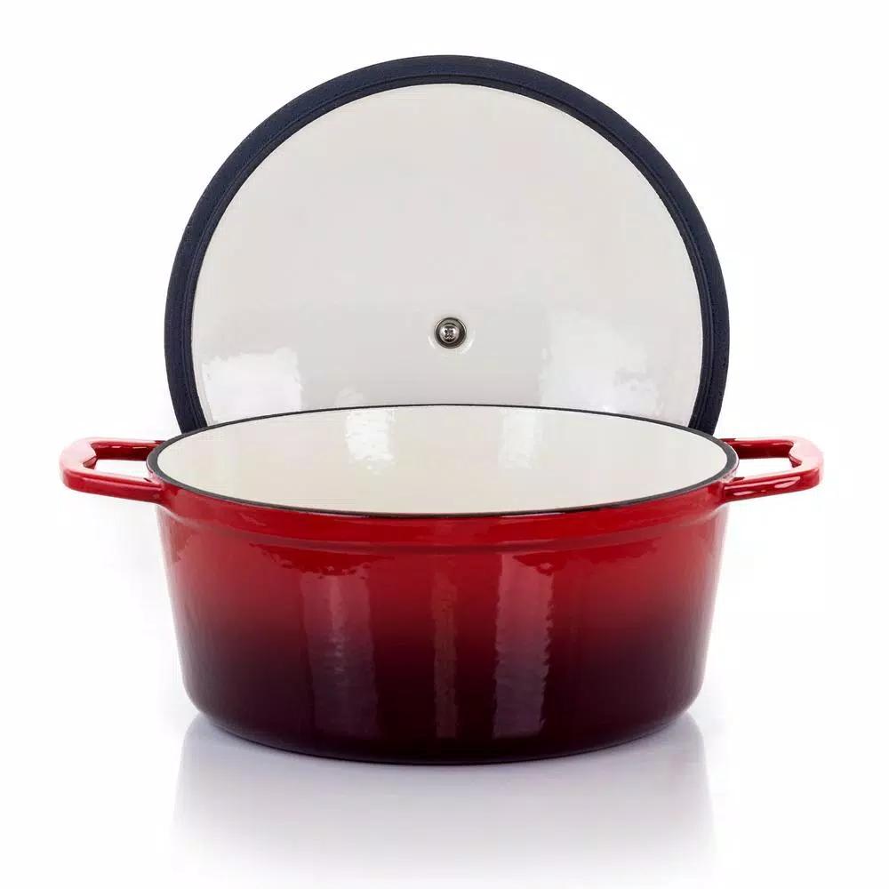 MegaChef 4 Qt. Round Enameled Cast Iron Casserole Dish with Lid, Red