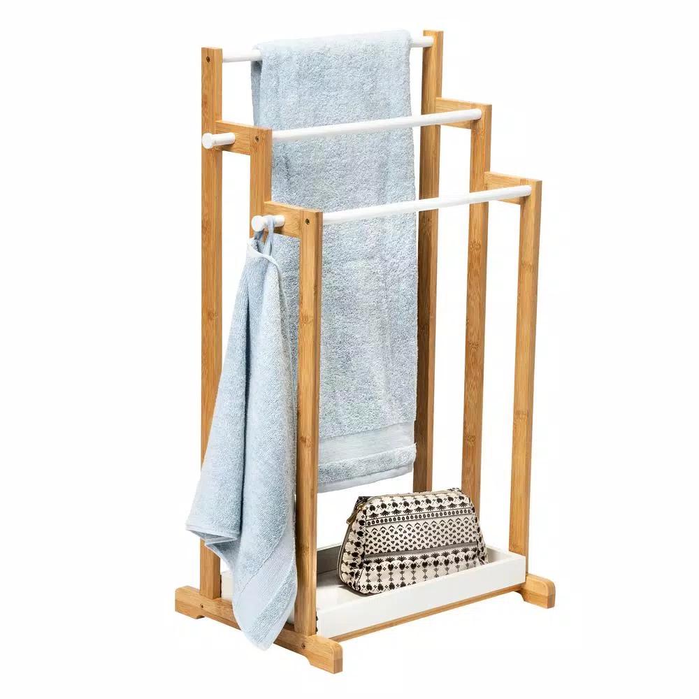 Honey-Can-Do 3-Tier Bamboo and White Freestanding Bathroom Towel Rack