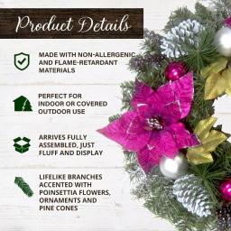 Fraser Hill Farm 24 in. Artificial Christmas Wreath with Faux Poinsettias, Ornaments, and Pinecones thumbnail 3