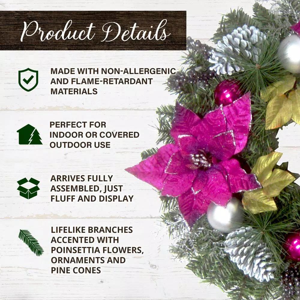 Fraser Hill Farm 24 in. Artificial Christmas Wreath with Faux Poinsettias, Ornaments, and Pinecones
