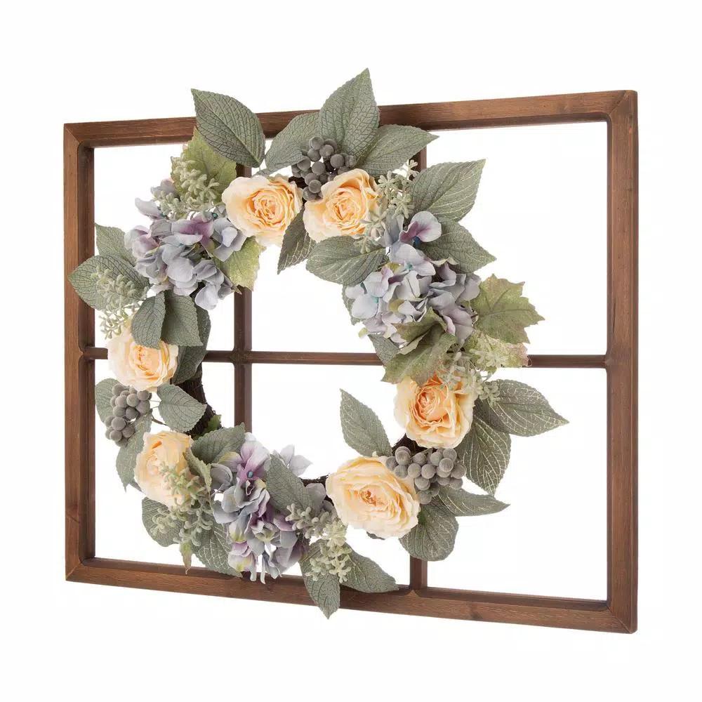 Glitzhome 22 in. Hydrangea Rose Wreath with 28 in. Wooden Window Frame Decor