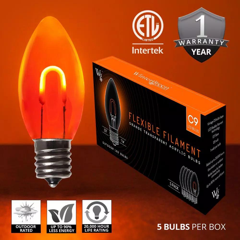 Wintergreen Lighting FlexFilament C9 LED Shatterproof Orange Vintage Edison Replacement Bulbs (5-Pack)