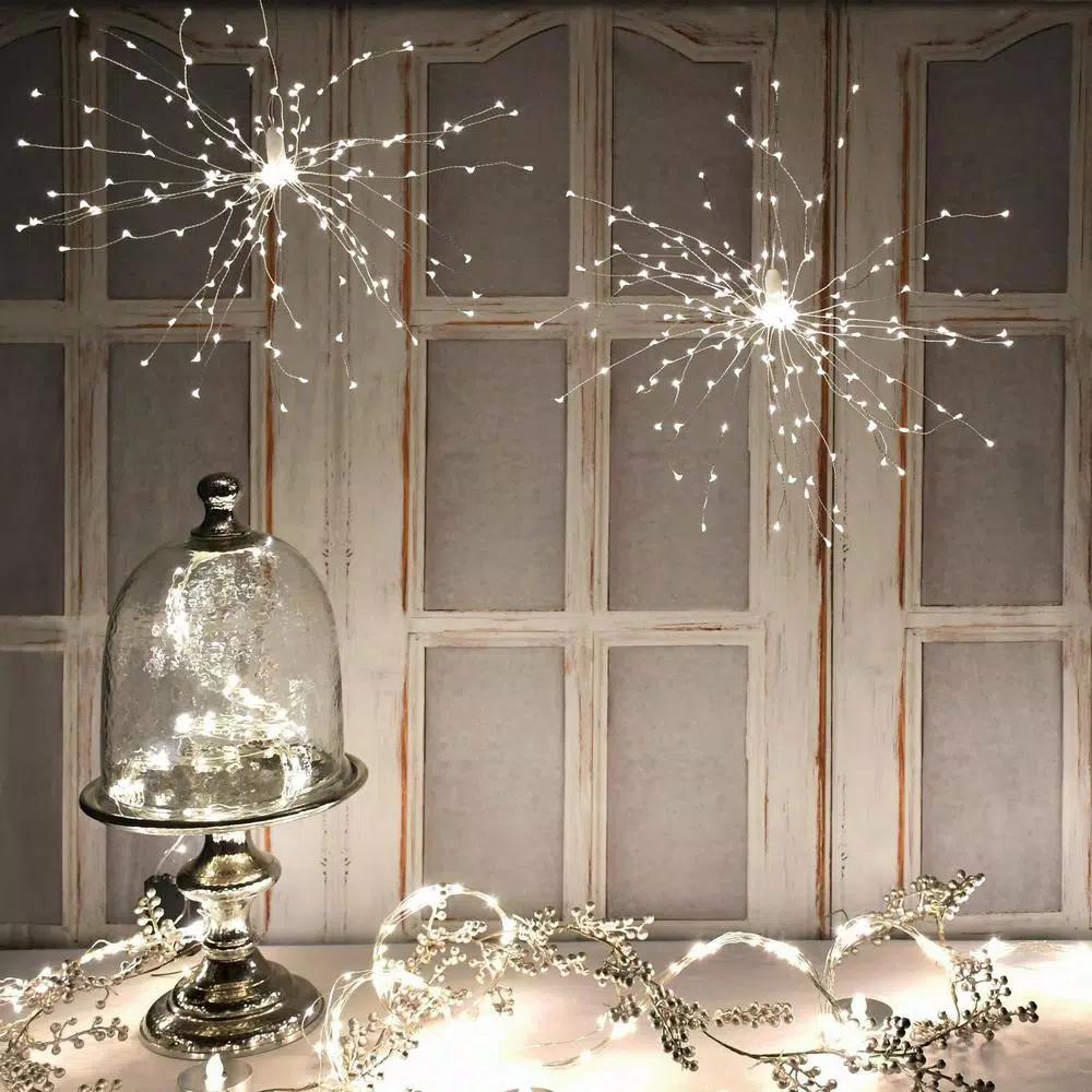 LUMABASE 200-LED Warm White Starburst Fairy Lights with Remote Control, Battery Operated, Set of 2