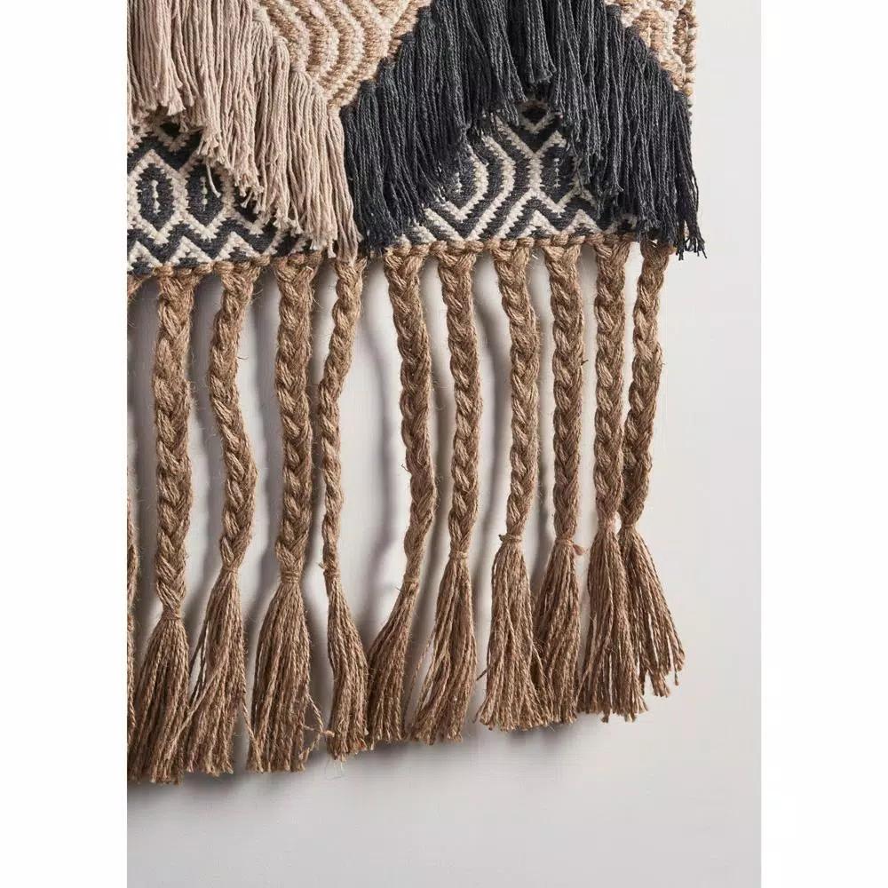 LR Home Trellis Beige and Charcoal Geometric Braided Fringed Wall Tapestry