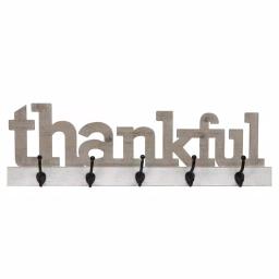 Pinnacle Rustic Thankful Gray Wood Decorative Wall Sign with 4 Metal Hooks thumbnail 2