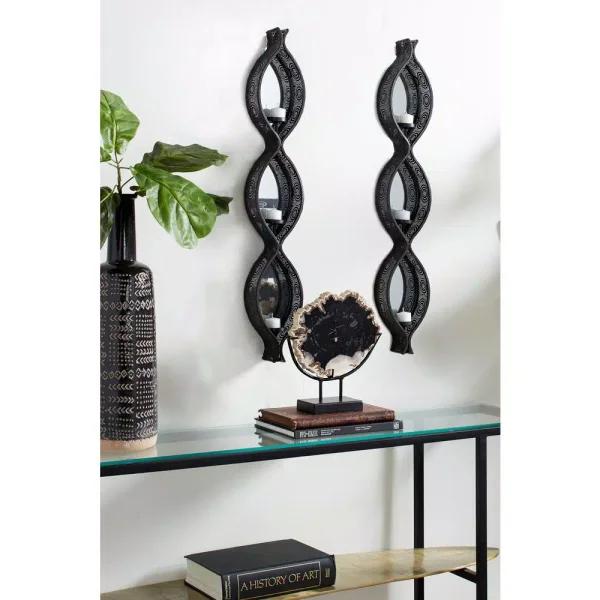 LITTON LANE Eclectic Black Metal Mesh Ellipse Wall Sconces with Mirror Inlays, Set of 2