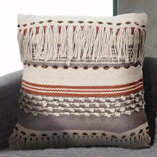 LR Resources Chic Beige Striped Fringe Throw Pillow - 18 x 18 in. Cotton Cover Hypoallergenic Polyester Fill