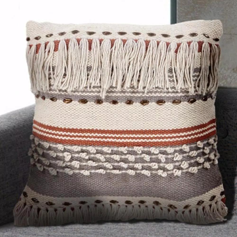 LR Resources Chic Beige Striped Fringe Throw Pillow - 18 x 18 in. Cotton Cover Hypoallergenic Polyester Fill
