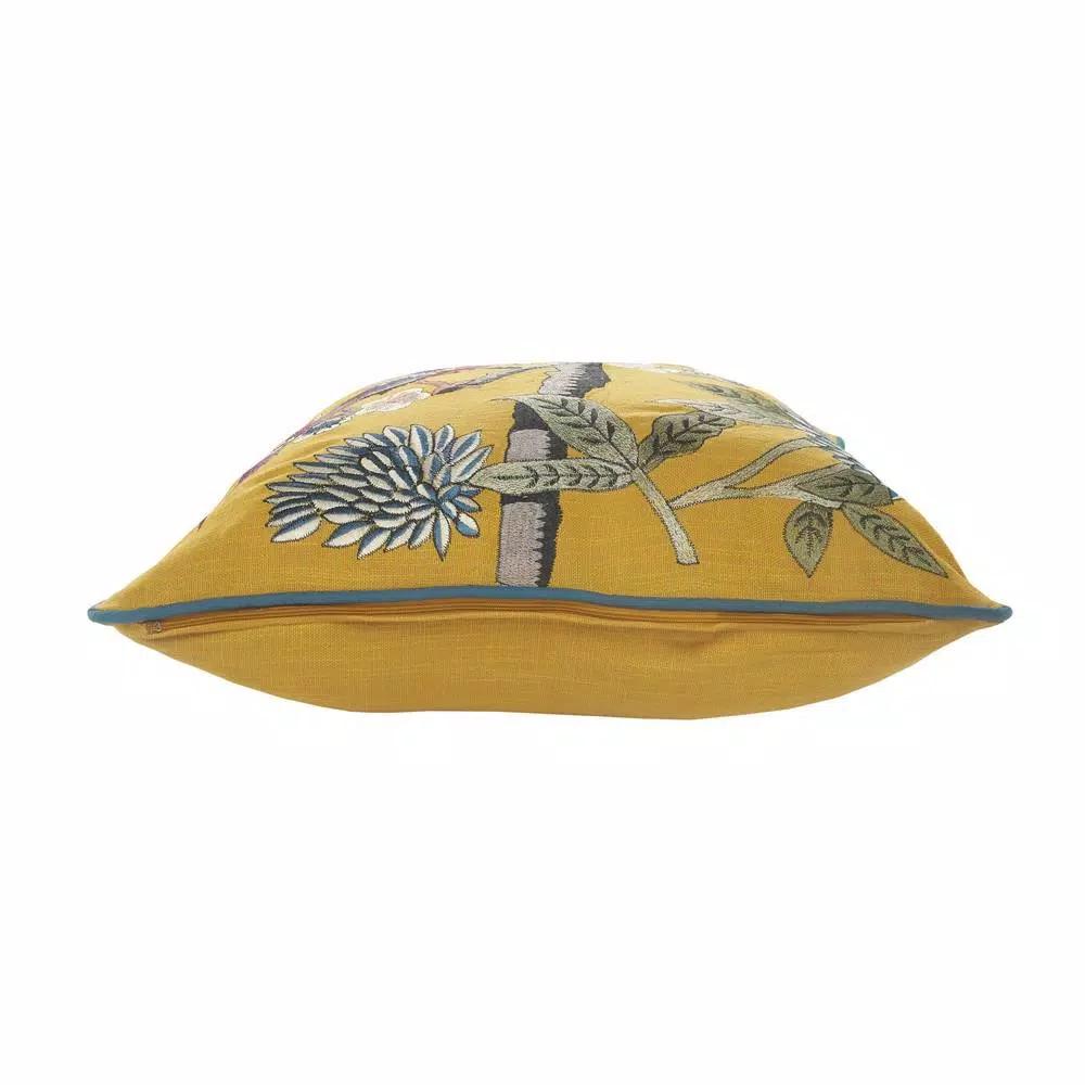LR Home Scenic Yellow Floral Birds Throw Pillow - 20 x 20 in. Cotton Square Accent Pillow