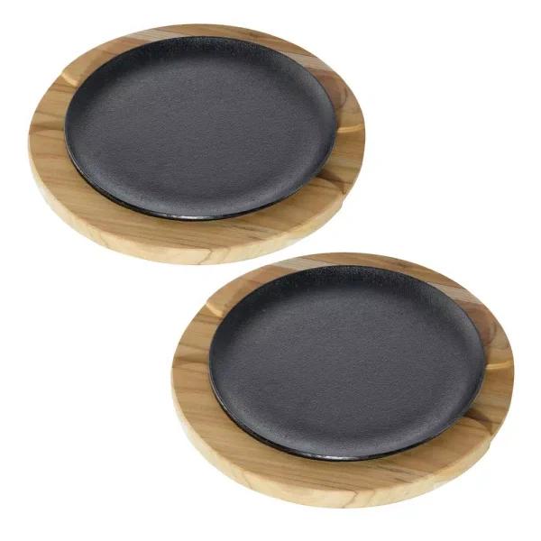 Tramontina Churrasco 9 in. Cast Iron Sizzle and Serve Pan with Teakwood Trivet, 4-Pack