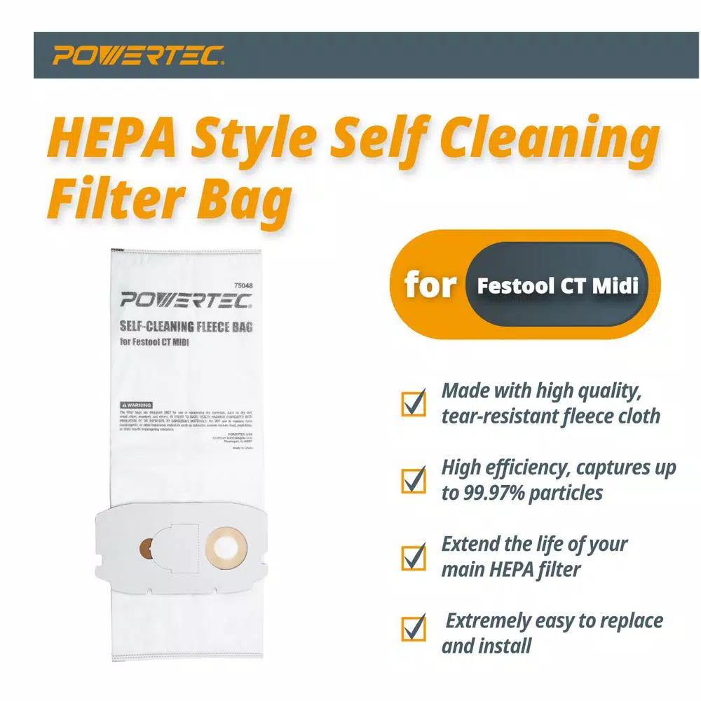 POWERTEC Self-Cleaning Replacement Filter Bags for Festool CT Midi (498411) - 5-Pack