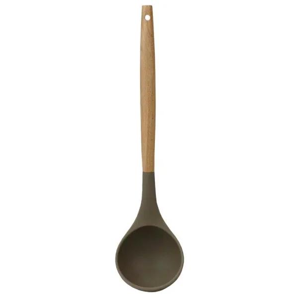Home Basics Karina Grey Silicone Ladle with Easy Grip Beech Wood Handle, Heat Resistant & Non-Stick Safe